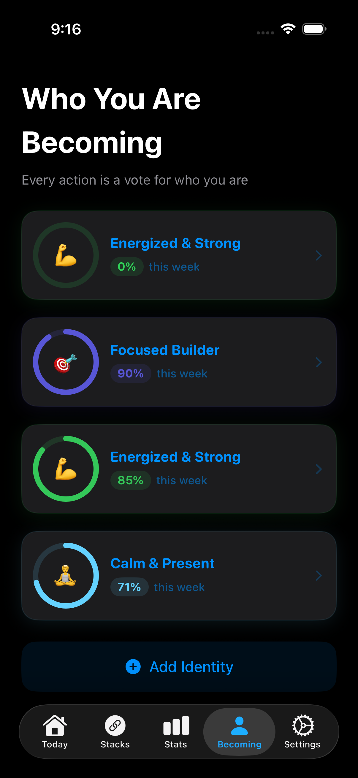 Identity dashboard – Become app showing who you are becoming with vote evidence